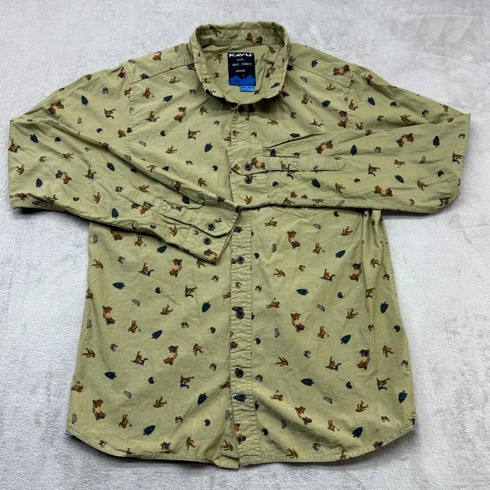 KAVU Button Down Shirt Mens Size M Green Bigfoot Sasquatch Graphic Long Sleeve